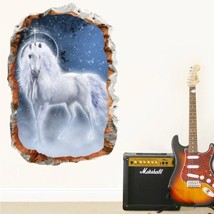 3D wall sticker featuring a white unicorn breaking through wall into a starry night sky