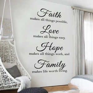 Adesivo murale nero con scritte Faith Love Family per la camera da letto