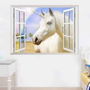 Detailed 3D window effect wall decal with unicorn and rainbow for bedroom decor