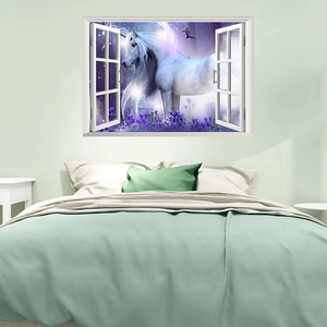 3D window wall sticker showing a magical white unicorn in a purple forest fantasy scene