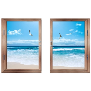 3D faux window wall sticker with realistic ocean beach landscape and seagull scenery