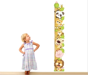 Sticker mural toise pour enfants avec animaux cartoon et échelle de 60cm à 180cm