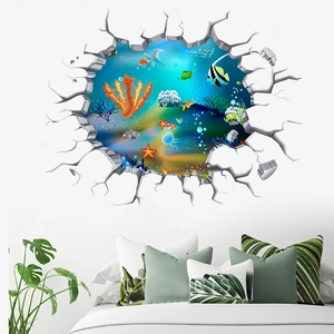 Detailansicht 3D Unterwasser Wandaufkleber mit bunten Fischen und Korallen