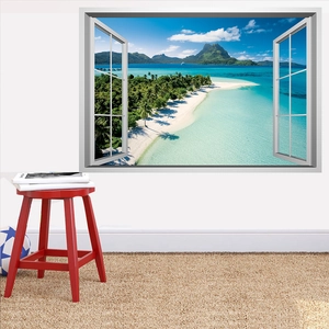 3D ocean beach landscape wall sticker with white window frame design for home decor