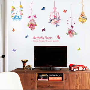 Garden butterfly and birdcage wall stickers for modern living room and TV background decor