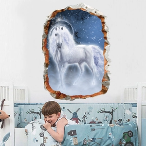 Detailed 3D broken wall effect unicorn wall sticker with starry night sky background