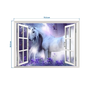 3D window wall sticker with unicorn and fairy in magic forest, 70x50cm dimensions