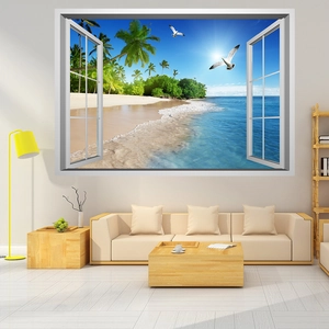 3D Window View Beach Coconut Tree Wall Sticker PVC Removable Waterproof Decal For Living Room Bedroom Tropical Home Decor