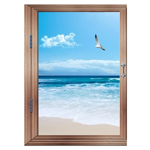 Detailed 3D wall sticker featuring a realistic beach view through a brown wooden window frame