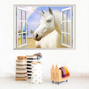 3D rainbow unicorn wall sticker with white window frame view for kids bedroom decor