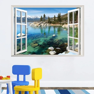 3D Fake Window View Wall Sticker Snow Mountain Lake Forest Landscape PVC Waterproof Removable Art Mural Home Office Decor