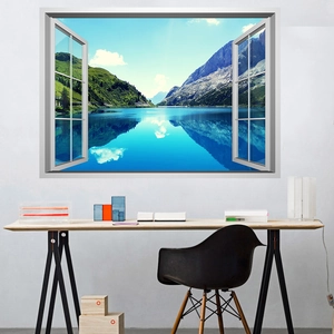 Sticker mural 3D fenêtre avec vue sur paysage de montagne et cadre blanc élégant
