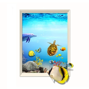 3D ocean window wall decal featuring dolphins and sea turtles for home decoration