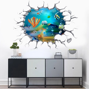 3D realistischer Ozean Welt Wandsticker mit Korallenriff und Fischen, die die Wand durchbrechen