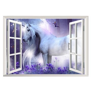 3D window wall sticker featuring a dreamy unicorn in a mystical purple forest landscape
