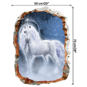 3D wall sticker detail showing white unicorn through cracked brick wall with size specs