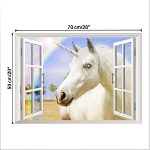 Detail view of 3D rainbow unicorn wall sticker showing 70x50cm dimensions on window frame