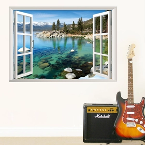 3D window wall decal with snowy mountain lake landscape for living room decor