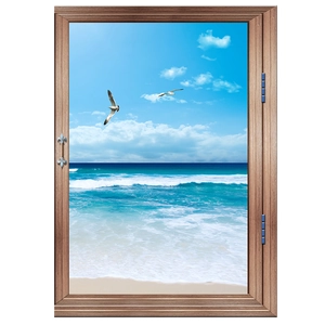 Detail of 3D window wall sticker showing ocean beach landscape and wooden frame