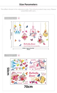 Detailed dimensions of flower birdcage wall stickers showing 50x70cm sheet and 100x68cm layout