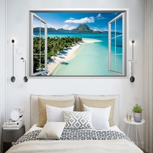 3D ocean beach faux window wall decal with tropical palm trees for bedroom decoration