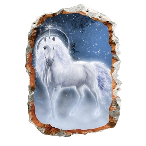 3D cracked wall decal featuring an elegant white unicorn with a dreamy starry sky background