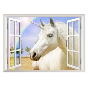 3D rainbow unicorn wall sticker with window view design for kids bedroom decoration