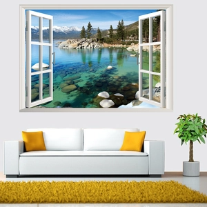 3D faux window wall sticker featuring snowy mountains and lake landscape in living room
