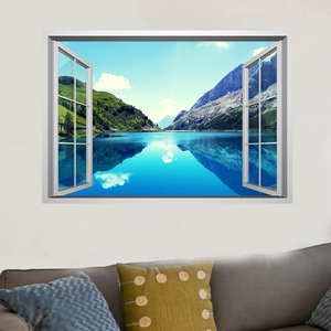 Détail d'un sticker mural 3D montrant un paysage de lac de montagne via une fausse fenêtre