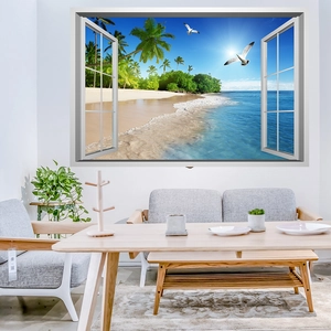 3D beach view wall sticker with palm trees and window frame for modern living room decor