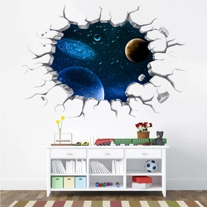 3D Weltraum Wandtattoo mit Nebel und Planeten durch eine rissige Ziegelwand
