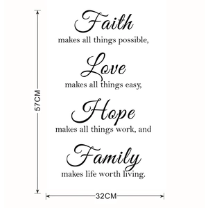 Dettaglio dell'adesivo da parete Faith Love Hope Family con font nero e misure 57x32cm