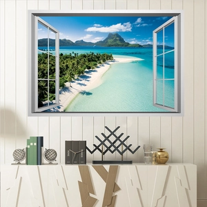 3D ocean landscape wall sticker with white window frame view for home decor