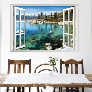 3D snowy mountain landscape wall sticker with white window frame for living room decor