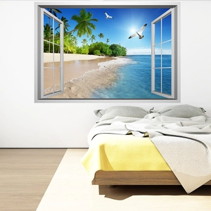 3D beach landscape wall sticker with palm trees and window effect for bedroom decor