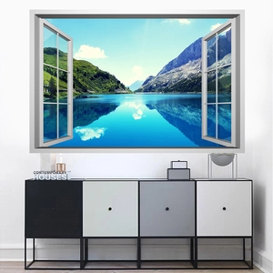 Sticker mural 3D fenêtre paysage de montagne et lac pour une décoration intérieure moderne