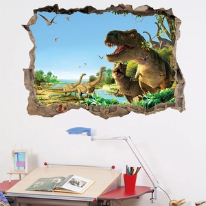 3D dinosaur wall sticker with T-Rex and Diplodocus breaking through wall for kids room