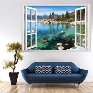 3D window view wall decal featuring majestic snow mountains and a serene blue lake