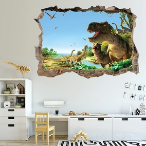 3D dinosaur wall sticker with realistic break-through effect for kids bedroom decor