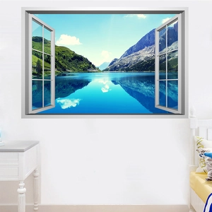Sticker mural 3D avec vue réaliste sur des montagnes enneigées et un lac paisible