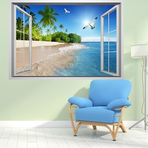 Detail view of 3D window wall sticker featuring a tropical beach and coconut trees scene