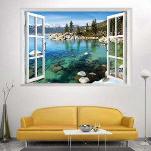 Detailed 3D window view wall sticker showing snow mountains and green lake over sofa