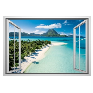 3D tropical island beach window wall sticker with white frame and blue ocean scenery