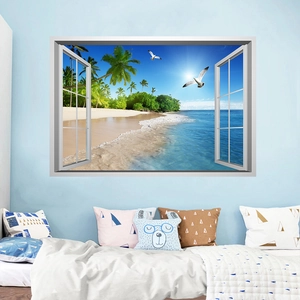 Detailed 3D tropical beach wall sticker with white window frame and palm trees
