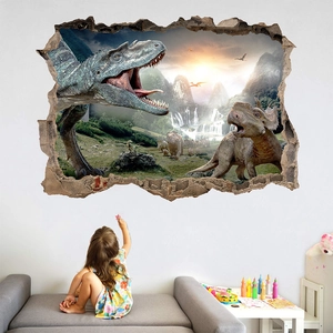 3D broken wall dinosaur wall sticker with T-Rex landscape for kids bedroom decoration