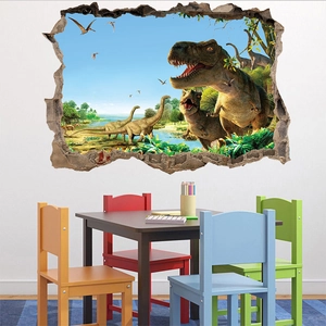 3D cracked wall dinosaur world wall sticker for kids bedroom and playroom decor
