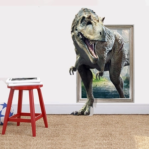 3D realistic dinosaur wall decal featuring a T-Rex breaking through the wall for home decor