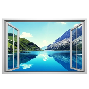 Sticker mural 3D vue fenêtre sur paysage de montagne et lac pour décoration maison