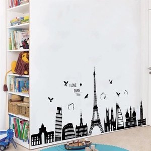 Macro view of black world landmark silhouette wall stickers on a white interior wall