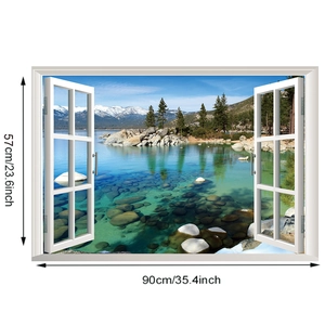 Detail showing 3D window wall sticker size 90x57cm with snow mountain lake scenery